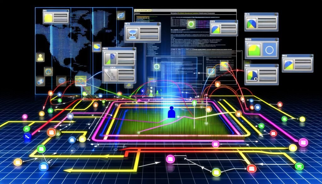Technische Illustration einer Website-Analyseumgebung mit grafischen Nutzerpfaden, farbigen Linien und eingeblendeten Datenlayern im Matrix-Design.