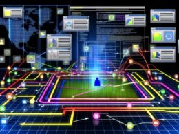 Technische Illustration einer Website-Analyseumgebung mit grafischen Nutzerpfaden, farbigen Linien und eingeblendeten Datenlayern im Matrix-Design.