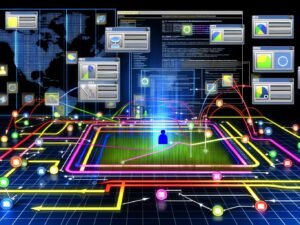 Technische Illustration einer Website-Analyseumgebung mit grafischen Nutzerpfaden, farbigen Linien und eingeblendeten Datenlayern im Matrix-Design.