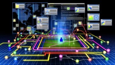 Technische Illustration einer Website-Analyseumgebung mit grafischen Nutzerpfaden, farbigen Linien und eingeblendeten Datenlayern im Matrix-Design.