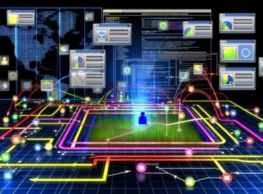 Technische Illustration einer Website-Analyseumgebung mit grafischen Nutzerpfaden, farbigen Linien und eingeblendeten Datenlayern im Matrix-Design.