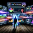 Futuristische Illustration eines digitalen Marketers vor mehreren Bildschirmen mit bunten Analytics, Heatmaps, A/B-Test-Diagrammen und psychologischen Triggern in einem dunklen, von Technik geprägten Raum.