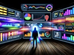 Futuristische Illustration eines digitalen Marketers vor mehreren Bildschirmen mit bunten Analytics, Heatmaps, A/B-Test-Diagrammen und psychologischen Triggern in einem dunklen, von Technik geprägten Raum.