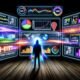 Futuristische Illustration eines digitalen Marketers vor mehreren Bildschirmen mit bunten Analytics, Heatmaps, A/B-Test-Diagrammen und psychologischen Triggern in einem dunklen, von Technik geprägten Raum.