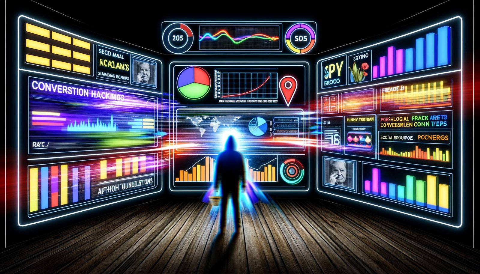 Futuristische Illustration eines digitalen Marketers vor mehreren Bildschirmen mit bunten Analytics, Heatmaps, A/B-Test-Diagrammen und psychologischen Triggern in einem dunklen, von Technik geprägten Raum.