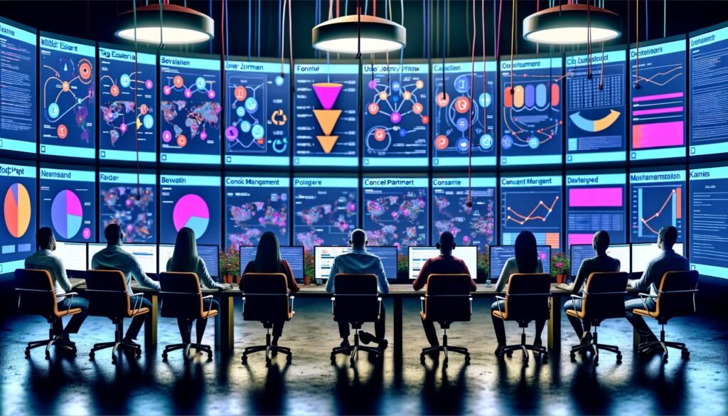 Stilisierter Kontrollraum mit digitalen Bildschirmen, die Nutzerreisen, Funnel-Diagramme und Website-Klickpfade anzeigen, sowie Analysten, die Daten zur Website-Optimierung auswerten.