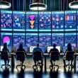 Stilisierter Kontrollraum mit digitalen Bildschirmen, die Nutzerreisen, Funnel-Diagramme und Website-Klickpfade anzeigen, sowie Analysten, die Daten zur Website-Optimierung auswerten.