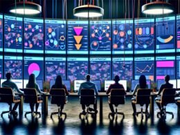 Stilisierter Kontrollraum mit digitalen Bildschirmen, die Nutzerreisen, Funnel-Diagramme und Website-Klickpfade anzeigen, sowie Analysten, die Daten zur Website-Optimierung auswerten.
