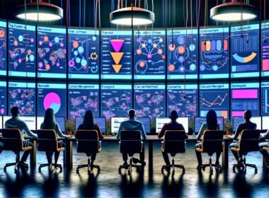 Stilisierter Kontrollraum mit digitalen Bildschirmen, die Nutzerreisen, Funnel-Diagramme und Website-Klickpfade anzeigen, sowie Analysten, die Daten zur Website-Optimierung auswerten.