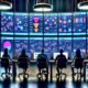Stilisierter Kontrollraum mit digitalen Bildschirmen, die Nutzerreisen, Funnel-Diagramme und Website-Klickpfade anzeigen, sowie Analysten, die Daten zur Website-Optimierung auswerten.