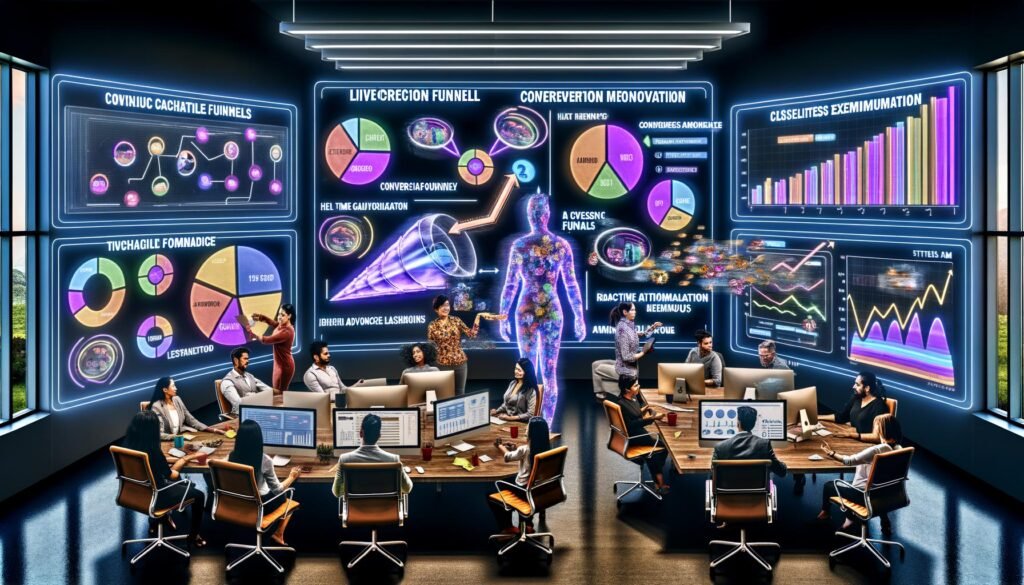 Team aus Marketern und Datenanalysten arbeitet an digitalen Dashboards mit Conversion-Funnel, Heatmap und Analytics in einem futuristischen Büro