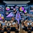 Team aus Marketern und Datenanalysten arbeitet an digitalen Dashboards mit Conversion-Funnel, Heatmap und Analytics in einem futuristischen Büro