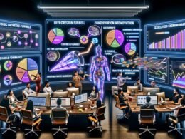 Team aus Marketern und Datenanalysten arbeitet an digitalen Dashboards mit Conversion-Funnel, Heatmap und Analytics in einem futuristischen Büro