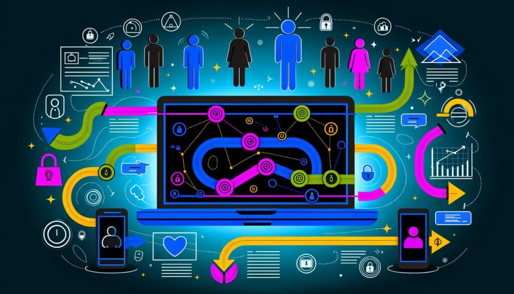 Dynamische Illustration eines Laptops mit Analytics-Dashboard, Nutzerfluss-Diagrammen, Symbolen für Klicks, Scrolls, User-IDs, verschiedene Endgeräte und Datenschutz, umgeben von schemenhaften Nutzergruppen.