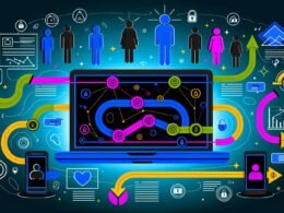 Dynamische Illustration eines Laptops mit Analytics-Dashboard, Nutzerfluss-Diagrammen, Symbolen für Klicks, Scrolls, User-IDs, verschiedene Endgeräte und Datenschutz, umgeben von schemenhaften Nutzergruppen.