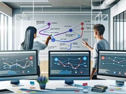 Digitales Marketing-Dashboard mit Userpfad-Diagrammen, Event-Tracking und zwei Analysten in einem Hightech-Büro mit Glaswand und Notizen