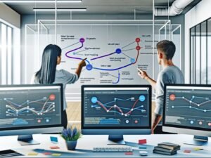 Digitales Marketing-Dashboard mit Userpfad-Diagrammen, Event-Tracking und zwei Analysten in einem Hightech-Büro mit Glaswand und Notizen
