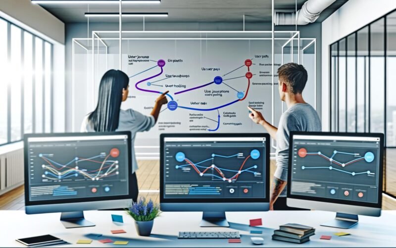 Digitales Marketing-Dashboard mit Userpfad-Diagrammen, Event-Tracking und zwei Analysten in einem Hightech-Büro mit Glaswand und Notizen