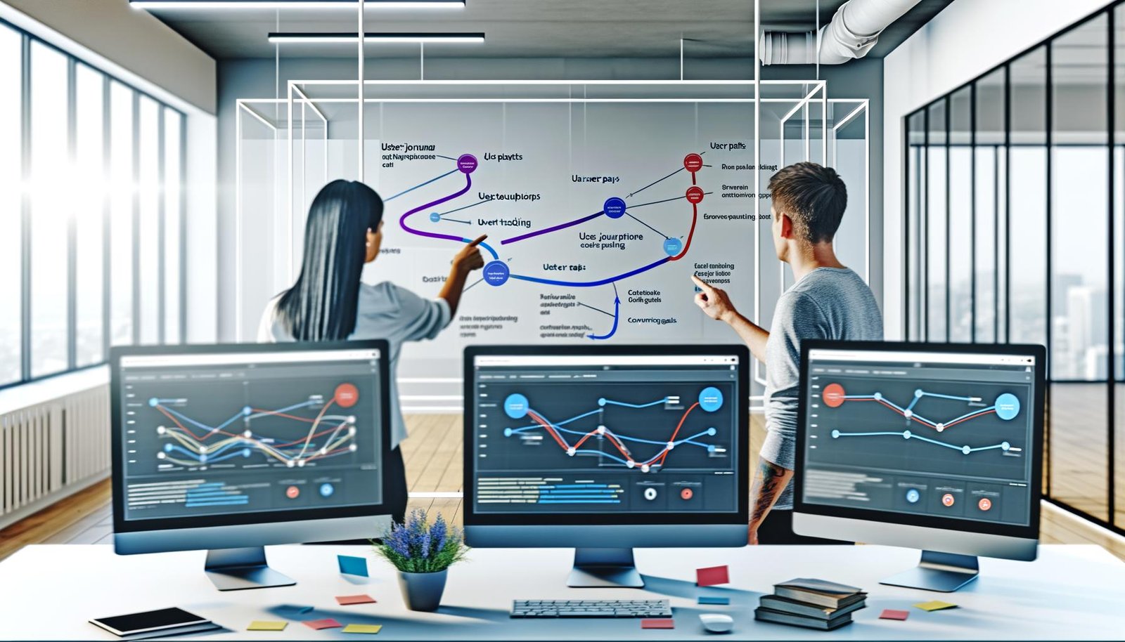 Digitales Marketing-Dashboard mit Userpfad-Diagrammen, Event-Tracking und zwei Analysten in einem Hightech-Büro mit Glaswand und Notizen