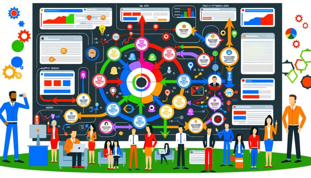 Lebhafte, moderne Infografik im Magazin-Stil mit stilisierter Website-Matrix, bunten Nutzerpfaden, hervorgehobenen Events und Marketing-Teams bei der Analyse von Daten.