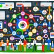Lebhafte, moderne Infografik im Magazin-Stil mit stilisierter Website-Matrix, bunten Nutzerpfaden, hervorgehobenen Events und Marketing-Teams bei der Analyse von Daten.