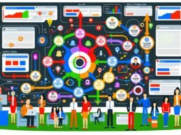 Lebhafte, moderne Infografik im Magazin-Stil mit stilisierter Website-Matrix, bunten Nutzerpfaden, hervorgehobenen Events und Marketing-Teams bei der Analyse von Daten.