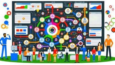 Lebhafte, moderne Infografik im Magazin-Stil mit stilisierter Website-Matrix, bunten Nutzerpfaden, hervorgehobenen Events und Marketing-Teams bei der Analyse von Daten.