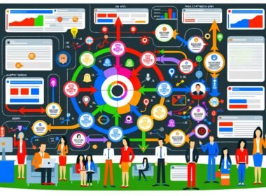 Lebhafte, moderne Infografik im Magazin-Stil mit stilisierter Website-Matrix, bunten Nutzerpfaden, hervorgehobenen Events und Marketing-Teams bei der Analyse von Daten.