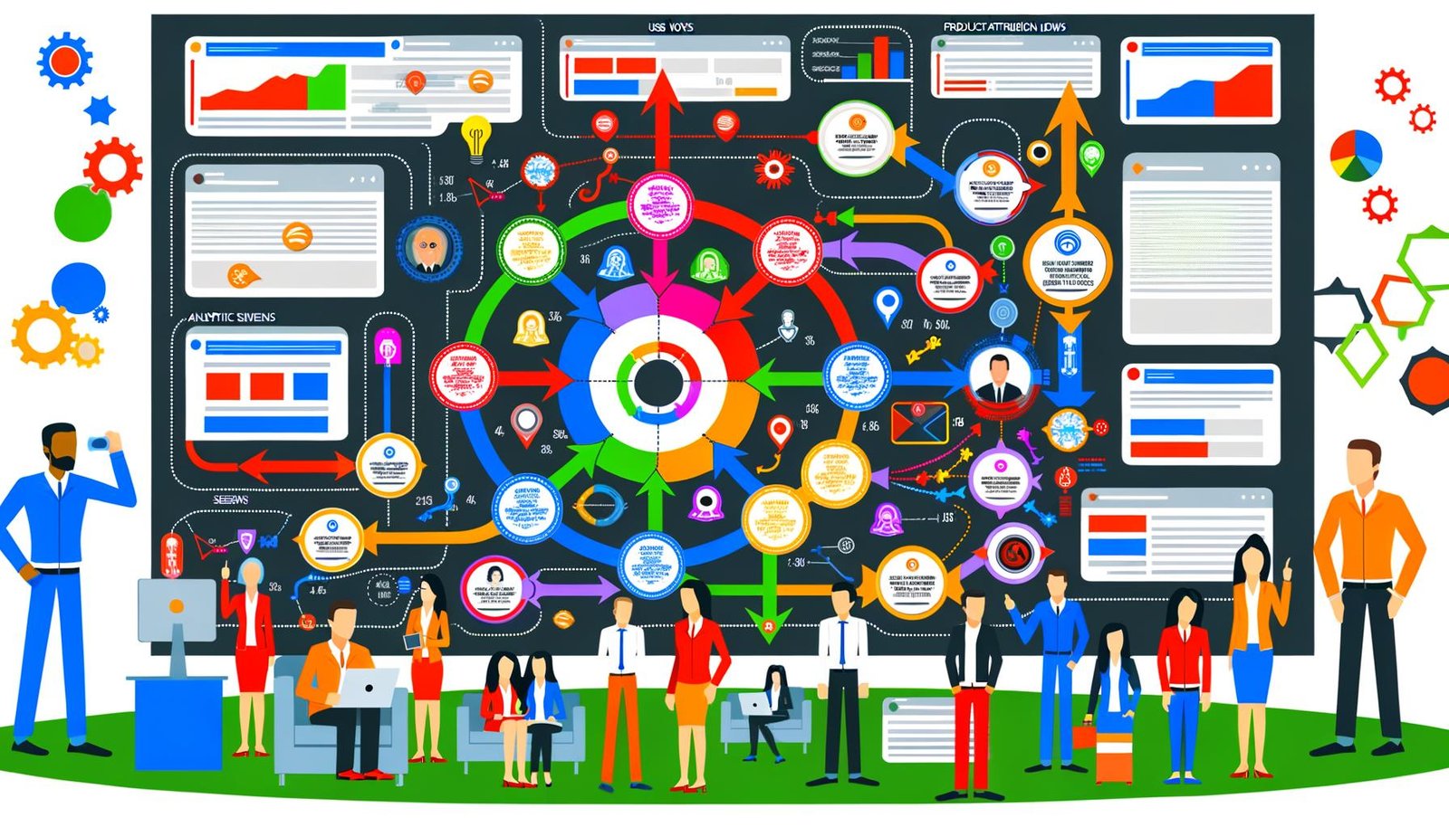 Lebhafte, moderne Infografik im Magazin-Stil mit stilisierter Website-Matrix, bunten Nutzerpfaden, hervorgehobenen Events und Marketing-Teams bei der Analyse von Daten.
