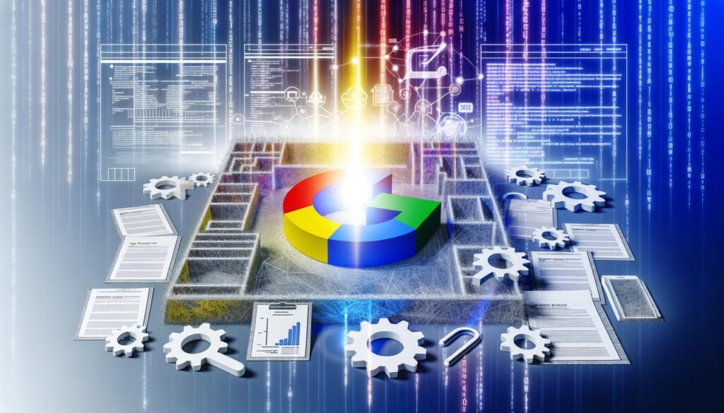 Modernes Titelbild eines SEO-Artikels mit Google-Logo, digitalem Labyrinth aus Webseiten und Datenströmen, helles Licht im Zentrum, technischen Elementen wie Zahnrädern und Suchfeldern, verblassenden SEO-Tricks als zerknüllte Papierblätter am Bildrand.
