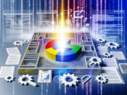 Modernes Titelbild eines SEO-Artikels mit Google-Logo, digitalem Labyrinth aus Webseiten und Datenströmen, helles Licht im Zentrum, technischen Elementen wie Zahnrädern und Suchfeldern, verblassenden SEO-Tricks als zerknüllte Papierblätter am Bildrand.