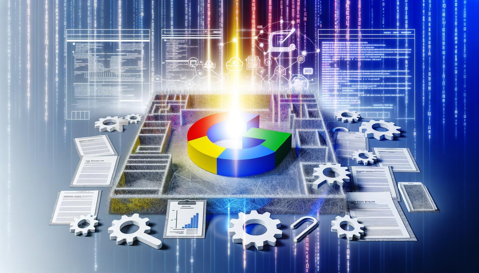 Modernes Titelbild eines SEO-Artikels mit Google-Logo, digitalem Labyrinth aus Webseiten und Datenströmen, helles Licht im Zentrum, technischen Elementen wie Zahnrädern und Suchfeldern, verblassenden SEO-Tricks als zerknüllte Papierblätter am Bildrand.