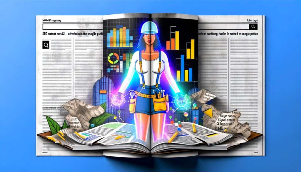 Illustration einer SEO-Bauarbeiterin im digitalen Stil, mit Laptop und Werkzeuggürtel, arbeitet an einer riesigen Google-Suchergebnis-Seite. Im Hintergrund technische Tools, Content-Hubs und leuchtende Diagramme. Zerknüllte Seiten mit alten SEO-Elementen liegen am Boden.