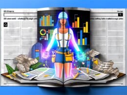 Illustration einer SEO-Bauarbeiterin im digitalen Stil, mit Laptop und Werkzeuggürtel, arbeitet an einer riesigen Google-Suchergebnis-Seite. Im Hintergrund technische Tools, Content-Hubs und leuchtende Diagramme. Zerknüllte Seiten mit alten SEO-Elementen liegen am Boden.