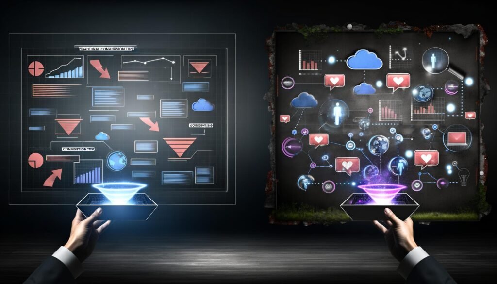 Futuristisches Titelbild mit Entwicklern und Marketern, Interaktion mit digitalen Tools, zerfallenden klassischen Conversion-Tipps am Rand und leuchtenden innovativen Frameworks im Zentrum.