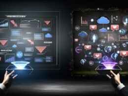 Futuristisches Titelbild mit Entwicklern und Marketern, Interaktion mit digitalen Tools, zerfallenden klassischen Conversion-Tipps am Rand und leuchtenden innovativen Frameworks im Zentrum.