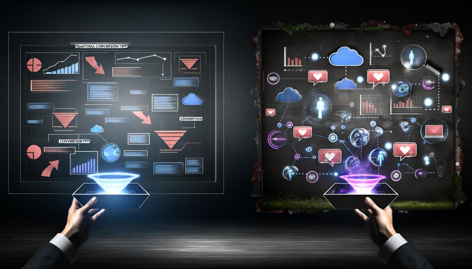 Futuristisches Titelbild mit Entwicklern und Marketern, Interaktion mit digitalen Tools, zerfallenden klassischen Conversion-Tipps am Rand und leuchtenden innovativen Frameworks im Zentrum.