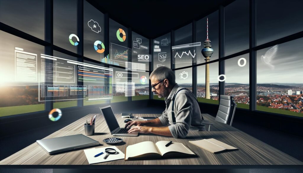 SEO-Berater im industriellen Büro in Stuttgart mit Laptop, schaut konzentriert auf große Bildschirme mit SEO-Analysen und Diagrammen, Skyline im Hintergrund.