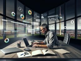 SEO-Berater im industriellen Büro in Stuttgart mit Laptop, schaut konzentriert auf große Bildschirme mit SEO-Analysen und Diagrammen, Skyline im Hintergrund.