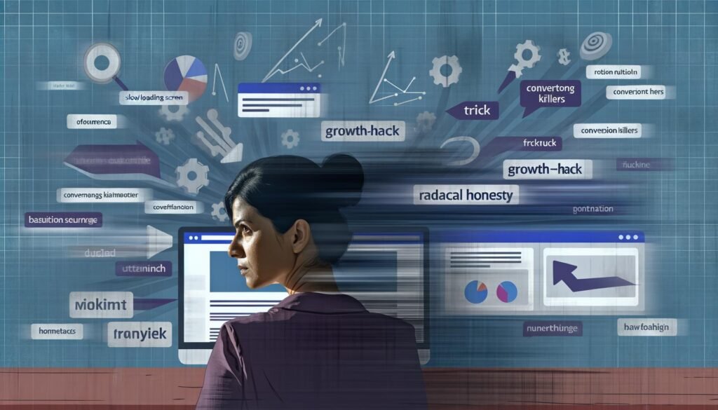 Moderne digitale Arbeitsumgebung mit Monitor, Datencharts, Analytics-Widgets, zerbrochenen Buzzword-Phrasen und konzentriertem Marketing-Profi vor konversionshemmenden Schattenelementen.