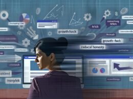 Moderne digitale Arbeitsumgebung mit Monitor, Datencharts, Analytics-Widgets, zerbrochenen Buzzword-Phrasen und konzentriertem Marketing-Profi vor konversionshemmenden Schattenelementen.