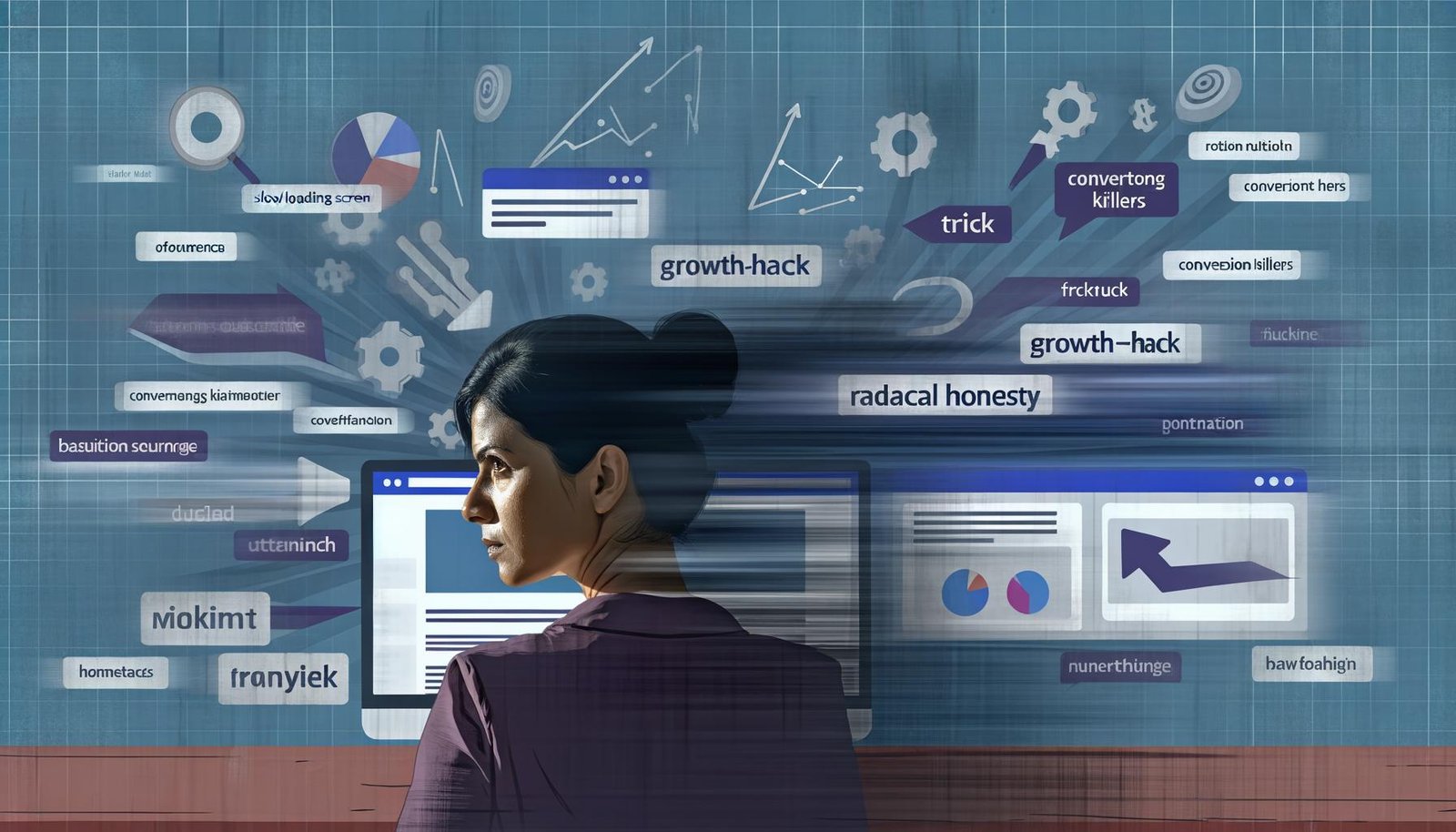 Moderne digitale Arbeitsumgebung mit Monitor, Datencharts, Analytics-Widgets, zerbrochenen Buzzword-Phrasen und konzentriertem Marketing-Profi vor konversionshemmenden Schattenelementen.