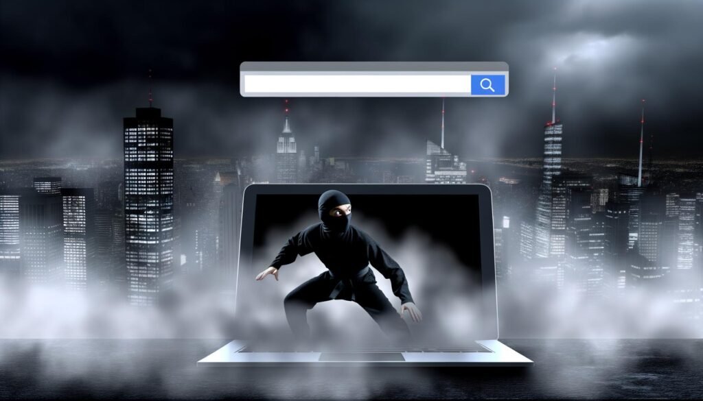 Ninja in nebliger Großstadtnacht, Website auf Laptop verschwindet im Dunst, darüber schwebt ein unscharfes Google-Suchfenster.