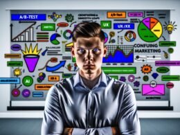 Moderner, ernster Marketer mit verschränkten Armen vor Bildschirm mit Analytics, Heatmaps, Conversion-Trichtern und bunten Marketing-Buzzwords im Hintergrund. Veralteter Marketing-Baukasten verblasst im Schatten.