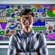 Moderner, ernster Marketer mit verschränkten Armen vor Bildschirm mit Analytics, Heatmaps, Conversion-Trichtern und bunten Marketing-Buzzwords im Hintergrund. Veralteter Marketing-Baukasten verblasst im Schatten.
