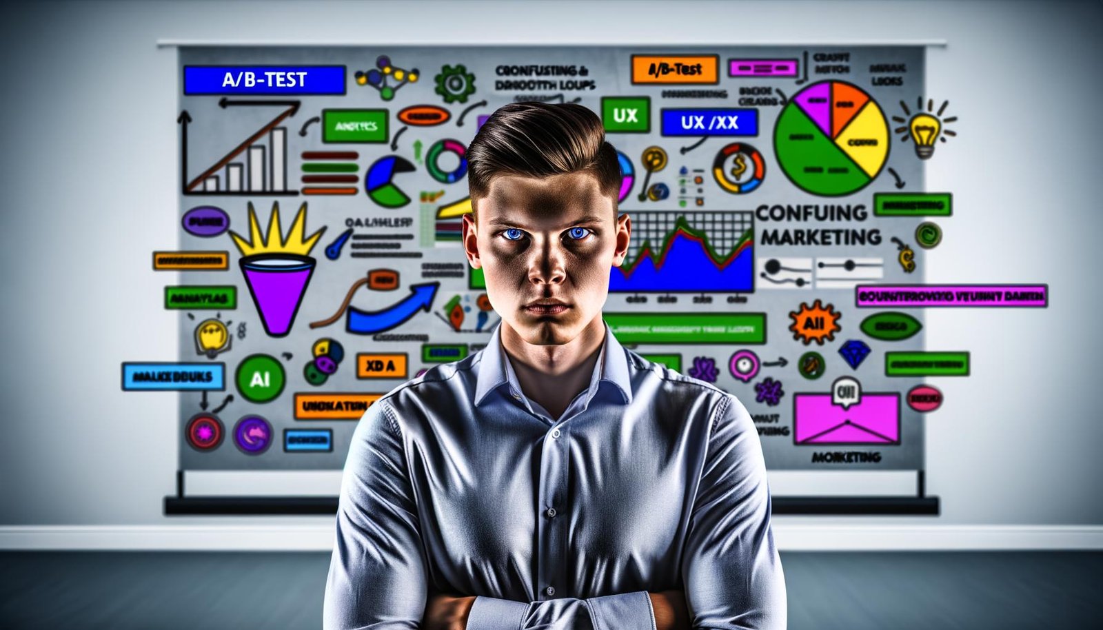 Moderner, ernster Marketer mit verschränkten Armen vor Bildschirm mit Analytics, Heatmaps, Conversion-Trichtern und bunten Marketing-Buzzwords im Hintergrund. Veralteter Marketing-Baukasten verblasst im Schatten.