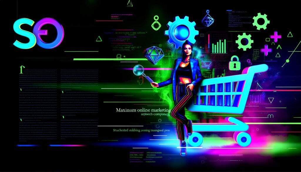 Stilisierte selbstbewusste Frau mit riesigem SEO-Symbol vor WooCommerce-Einkaufswagen, umgeben von leuchtenden SEO-Icons im Urban-Pop-Art Stil