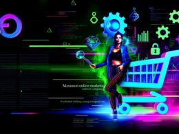 Stilisierte selbstbewusste Frau mit riesigem SEO-Symbol vor WooCommerce-Einkaufswagen, umgeben von leuchtenden SEO-Icons im Urban-Pop-Art Stil