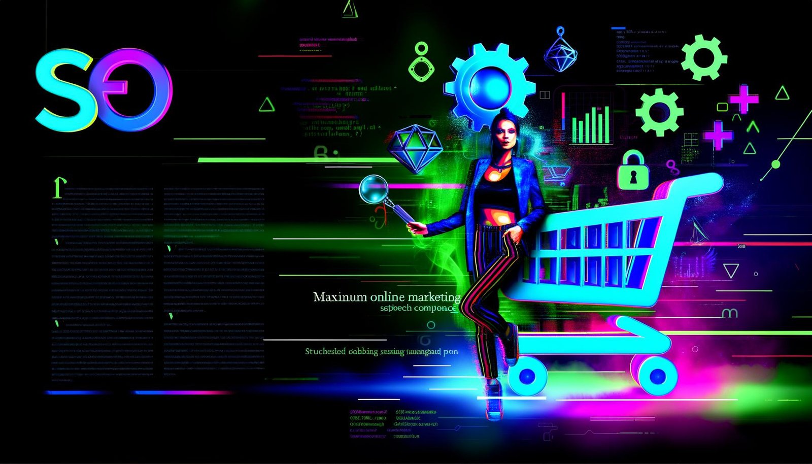 Stilisierte selbstbewusste Frau mit riesigem SEO-Symbol vor WooCommerce-Einkaufswagen, umgeben von leuchtenden SEO-Icons im Urban-Pop-Art Stil