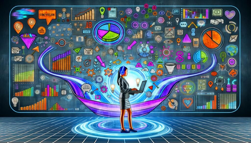 Digitaler Growth Hacker mit Laptop vor leuchtendem Dashboard voller A/B-Tests, Funnels, Heatmaps und Conversion-Trigger, umgeben von Icons für Psychologie, Usability und Testing. Im Hintergrund verblassen klassische Marketing-Elemente.